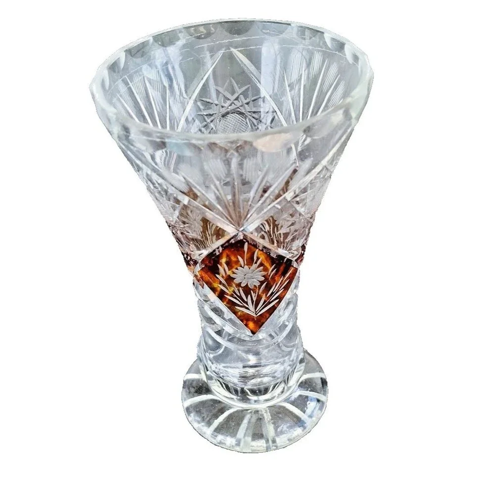 Vintage Amber Cut to Clear Crystal Footed Vase Engraved Floral Bohemian 6.5